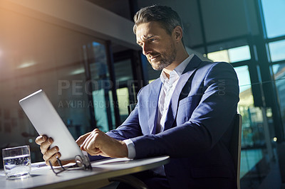Buy stock photo Business, tablet search and accounting ceo financial worker working with web finance analytics. Office, senior investment employee and boss planning digital strategy for fintech stock market company