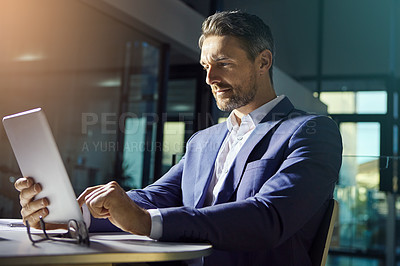 Buy stock photo Business man, tablet and working ceo financial worker planning with web finance analytics. Office, senior investment employee and boss typing a tech strategy report for a stock market growth company