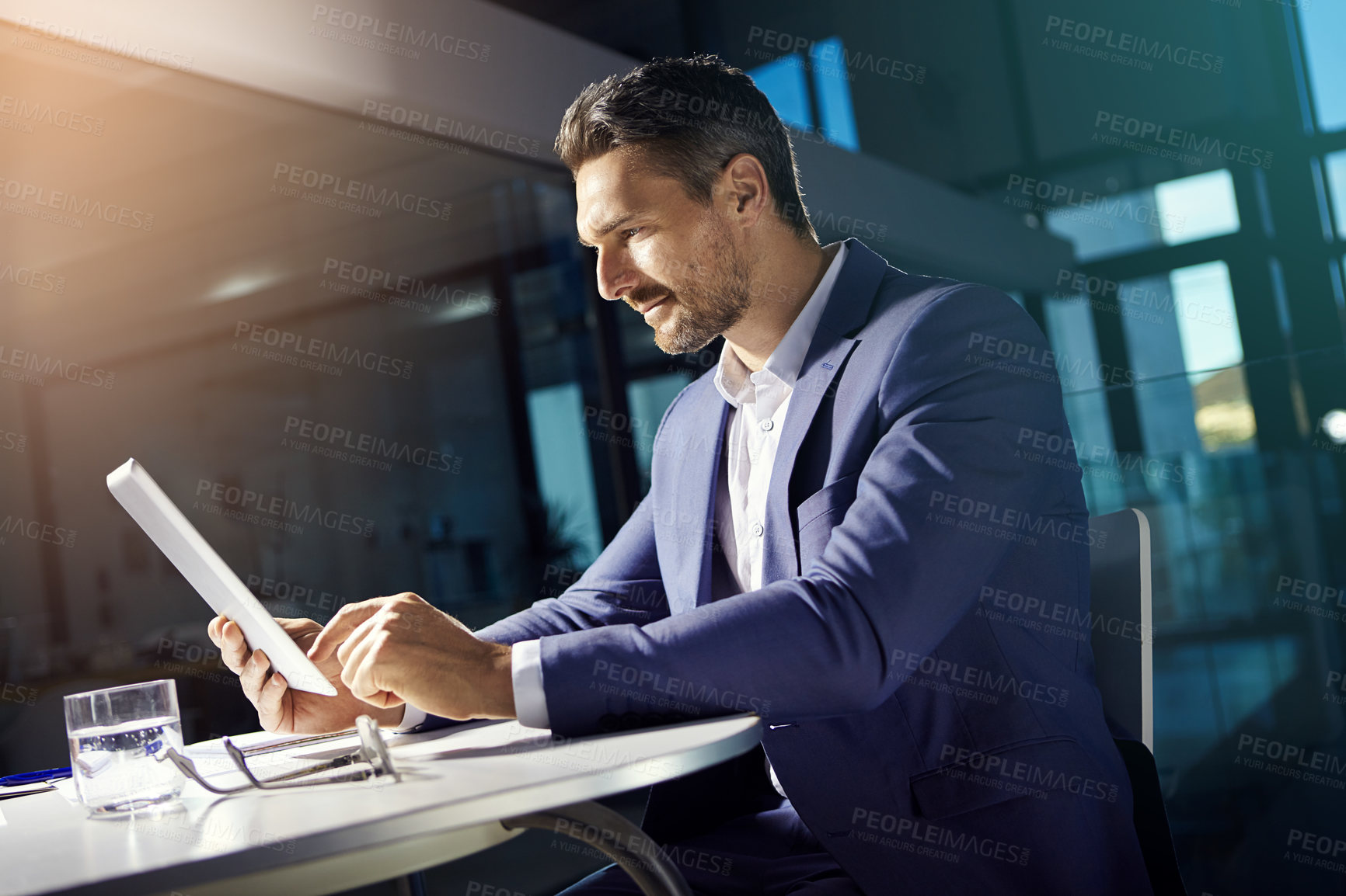 Buy stock photo Businessman, website or accountant on tablet for news, finance or budget research for profit. Economy, online or financial advisor on touchscreen technology for schedule, report and accounting app