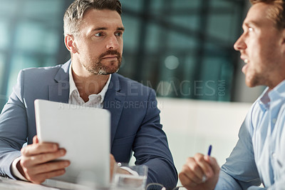 Buy stock photo Teamwork, talking and business people with tablet in office workplace. Collaboration, technology and men or employees with touchscreen planning sales, marketing or advertising strategy in company.