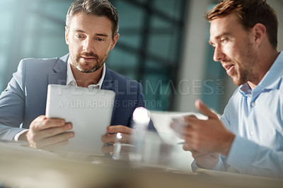 Buy stock photo Teamwork, tablet and business people in office talking, brainstorming or discussion. Collaboration, technology and men or employees with touchscreen planning sales, marketing or advertising strategy.