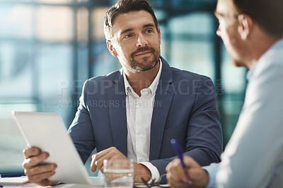Buy stock photo Tablet, teamwork and business people in meeting in office workplace. Collaboration, digital technology and men or workers with touchscreen planning sales, analysis or strategy in company