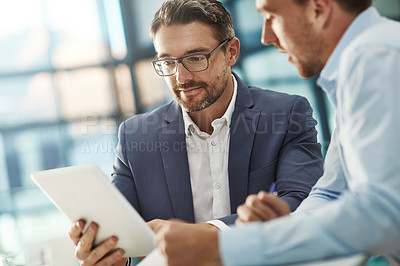 Buy stock photo Meeting, teamwork and business people with tablet in office workplace. Collaboration, technology and men or employees with touchscreen planning sales, marketing or advertising strategy in company.