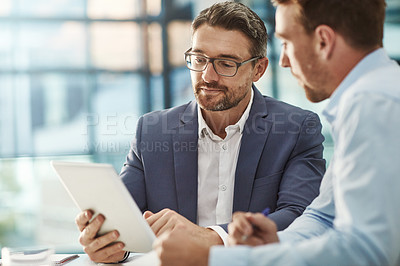 Buy stock photo Tablet, meeting and teamwork of business people in office discussion. Collaboration, technology and men or employees with touchscreen planning sales, marketing or advertising strategy in company.