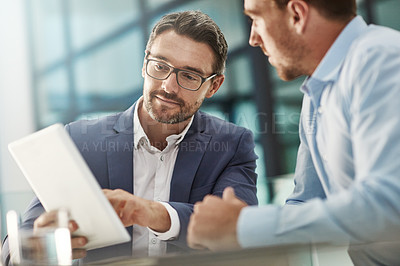 Buy stock photo Tablet, teamwork and meeting of business people in office discussion. Collaboration, technology and men or employees with touchscreen planning sales, marketing or advertising strategy in company.