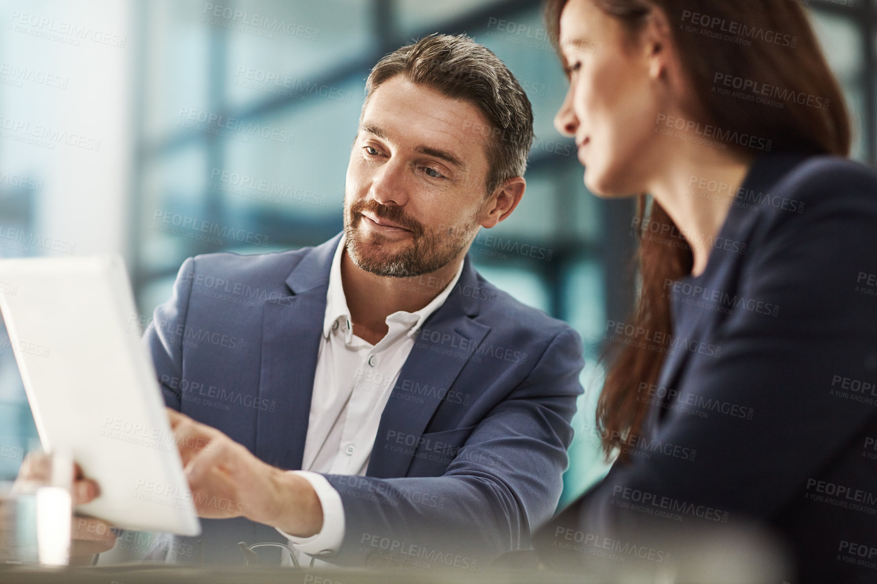 Buy stock photo Teamwork, tablet and planning with business people in the office for research on a company project. Collaboration, technology and brainstorming with a corporate team talking about strategy at work