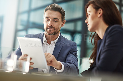 Buy stock photo Meeting, teamwork and business people with tablet in office workplace. Collaboration, technology and man, woman or workers with touchscreen for planning sales project or researching info in company.