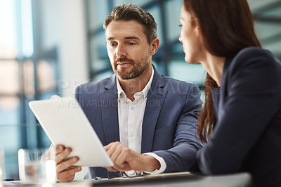 Buy stock photo Teamwork, tablet and business people in office talking in  company workplace. Collaboration, technology and woman, man or employees with touchscreen planning sales, marketing or advertising strategy.