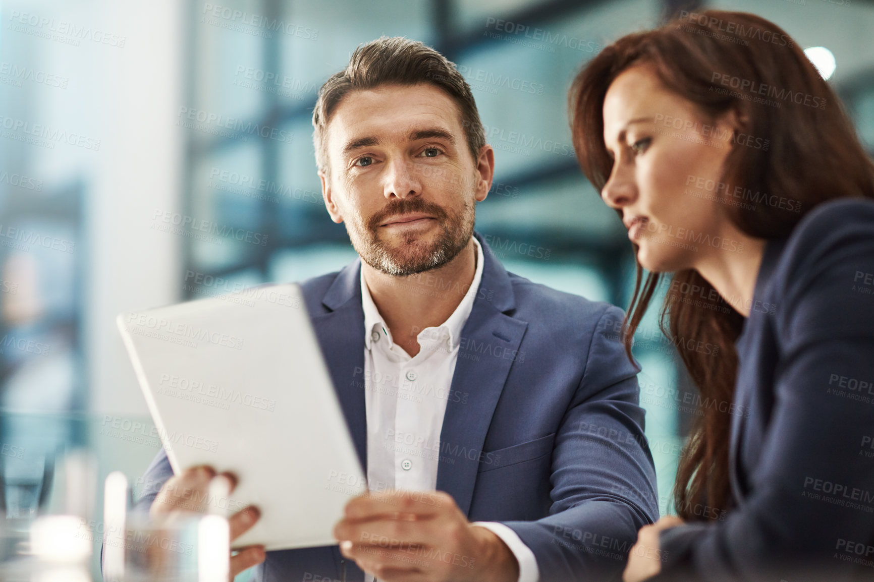 Buy stock photo Meeting, tablet and planning with a business team in the office for research on a company project. Teamwork, portrait or technology with a corporate man and woman in collaboration together at work