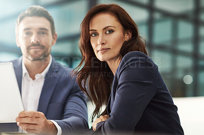 Buy stock photo Tablet, meeting and portrait of business people in office workplace. Face, collaboration and woman, man or employees with touchscreen technology for planning sales strategy or researching information