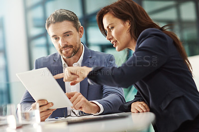 Buy stock photo Collaboration, tablet and planning with a business team in the office for research on a company project. Teamwork, technology and brainstorming with corporate people talking about strategy at work