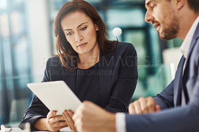 Buy stock photo Teamwork, tablet and meeting of business people in office workplace. Collaboration, technology or man, woman or employees with touchscreen planning sales, analysis or strategy in company