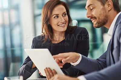 Buy stock photo Training, coaching and business people with tablet in office workplace. Collaboration, mentor and woman and man pointing at touchscreen technology planning sales, financial or research and strategy.
