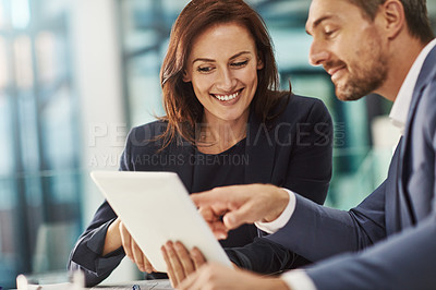 Buy stock photo Teamwork, tablet and meeting with business people in the office for research on a company project. Collaboration, technology and brainstorming with a corporate team talking about strategy at work