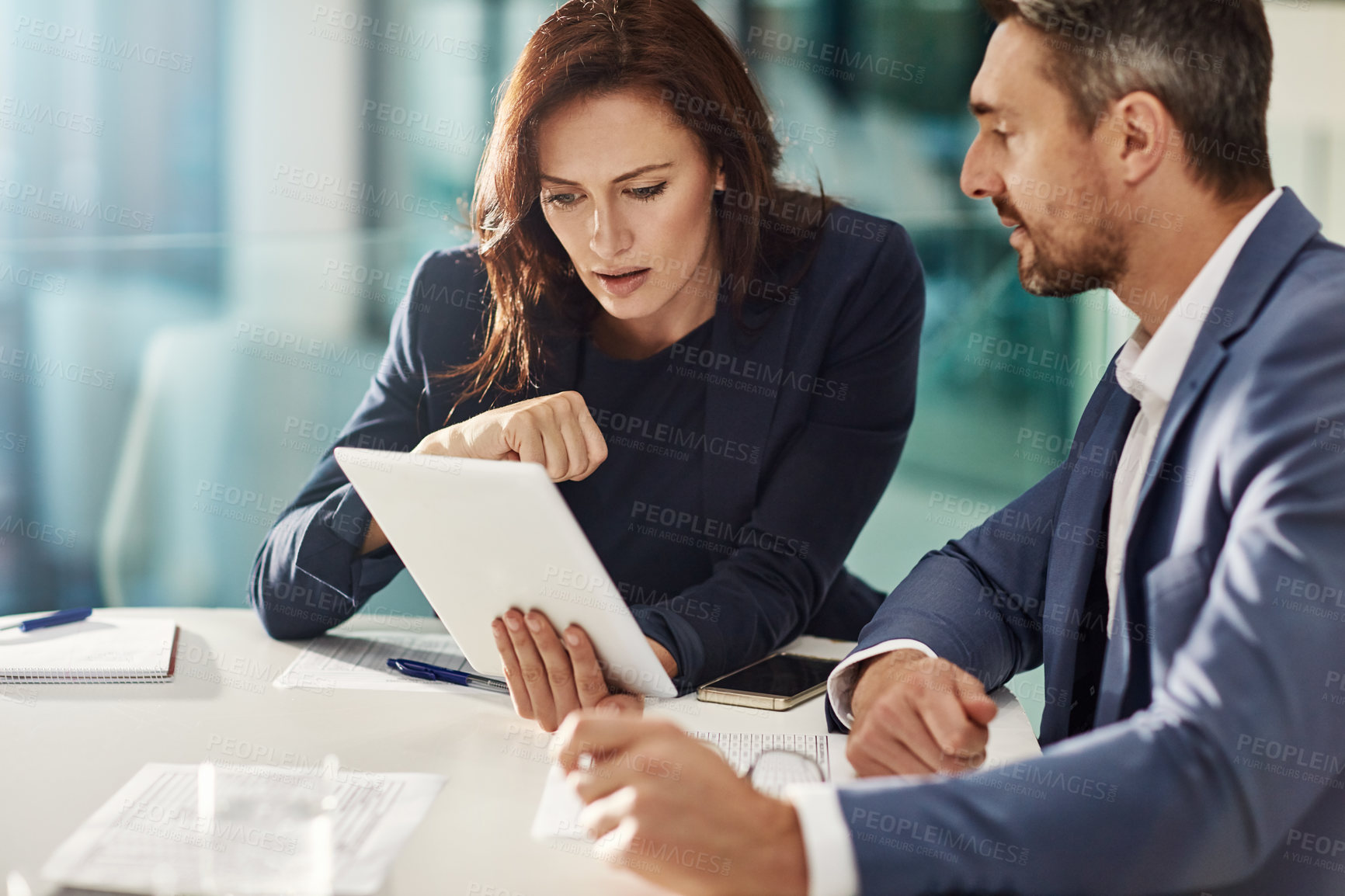 Buy stock photo Collaboration, tablet and research with business people in the office for research on a company project. Teamwork, technology and brainstorming with a corporate team talking while planning at work