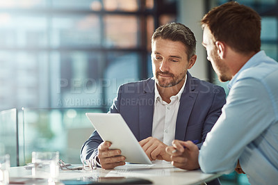 Buy stock photo Teamwork meeting, tablet and business people in office workplace. Collaboration, technology and workers, men or employees with touchscreen planning sales, research or financial strategy in company