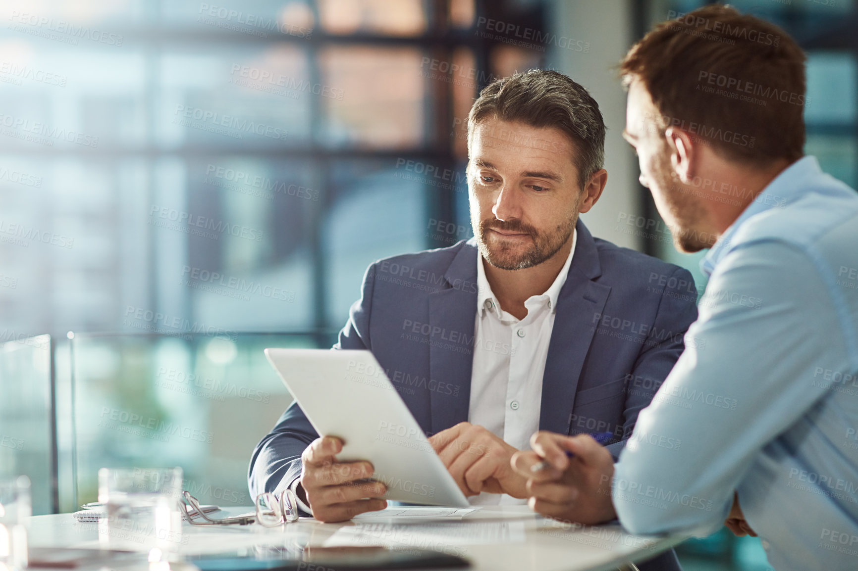 Buy stock photo Teamwork meeting, tablet and business people in office workplace. Collaboration, technology and workers, men or employees with touchscreen planning sales, research or financial strategy in company