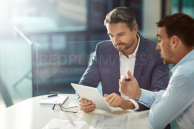 Buy stock photo Tablet, teamwork and business people talking in office workplace. Collaboration, technology and workers, men or employees with touchscreen planning sales, marketing or advertising strategy in company