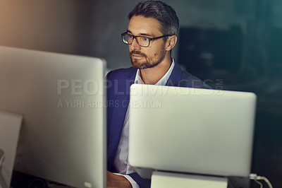 Buy stock photo Corporate, computer and man typing, night, and connection for digital marketing, schedule and deadline. Male employee, entrepreneur and ceo reading online, late and planning database for management