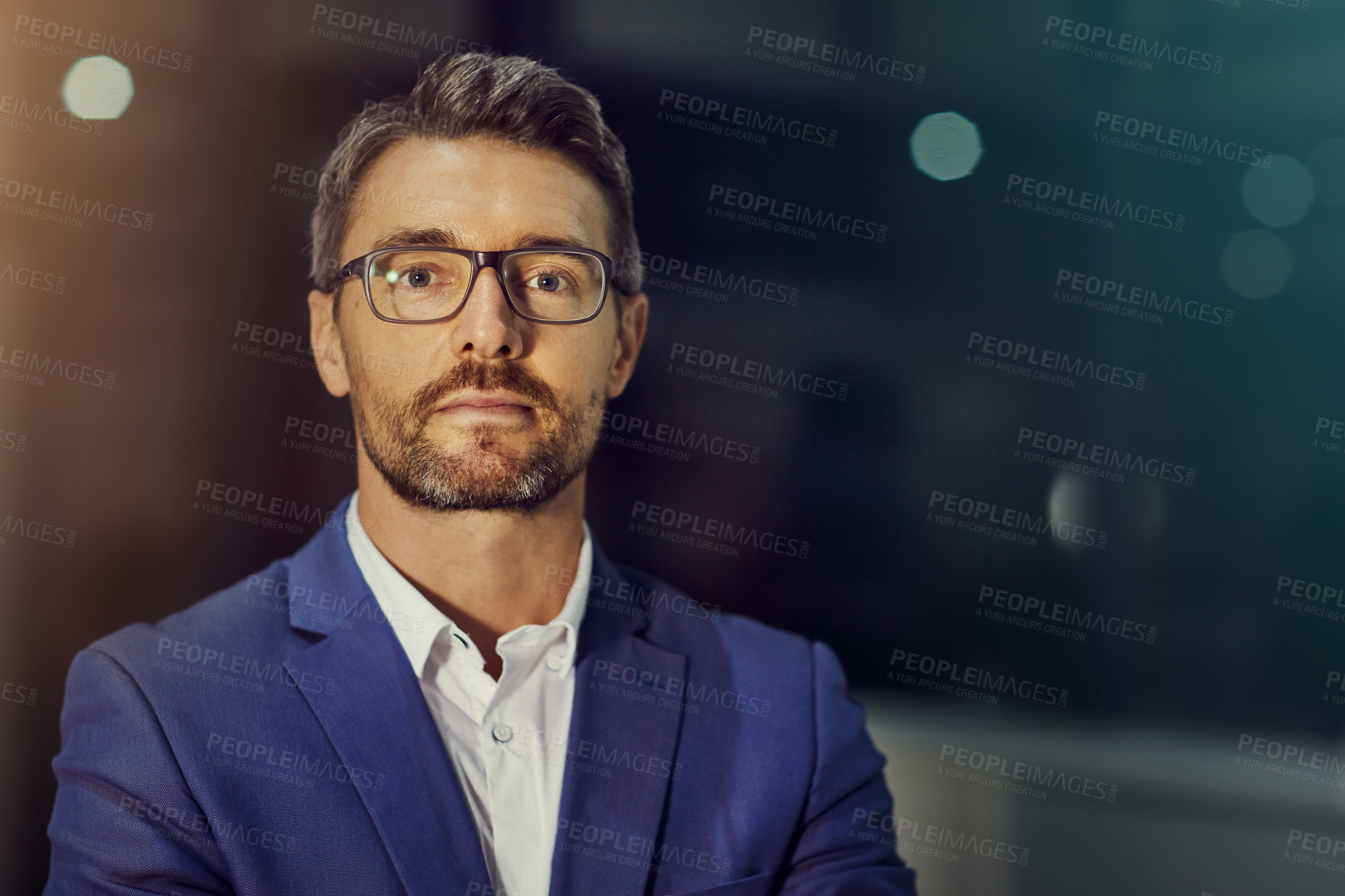 Buy stock photo Office, serious and portrait of business man at night with confidence, pride and working late. Professional, mockup space and person for finance consultant, corporate manager and career ambition