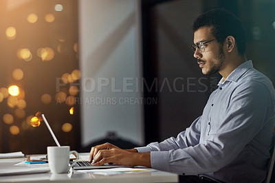 Buy stock photo Businessman, night or accountant on computer for research, investment news or budget for profit. Economy growth, bokeh or financial advisor on technology for network, typing and accounting report