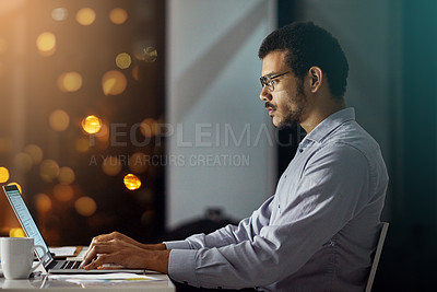 Buy stock photo Businessman, night or accountant on computer for investing, news research or budget for profit. Economy growth, bokeh and financial advisor on technology for network, typing and accounting report