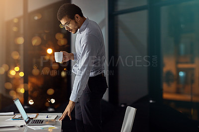 Buy stock photo Businessman, night or accountant on laptop for thinking of investment research, news or budget plan. Coffee, bokeh or financial advisor reading on technology for network, ideas or accounting report