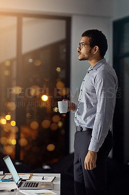 Buy stock photo Coffee, night and businessman thinking of an email on a laptop, planning and working in an office. Idea, deadline and employee with a tea drink and a computer for a proposal during overtime at work