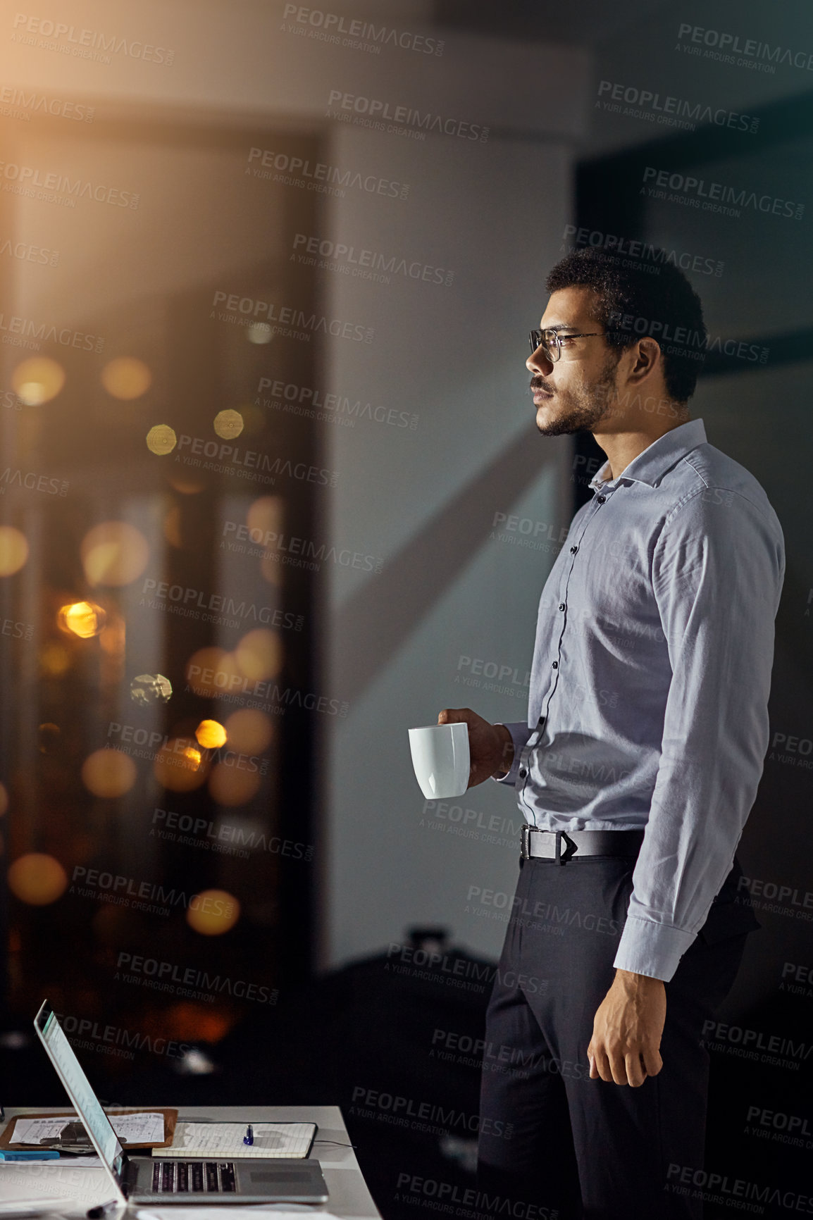 Buy stock photo Businessman, night or accountant with coffee for thinking of investment research, news or budget plan. Laptop, bokeh or financial advisor reading on technology for network, ideas or accounting report