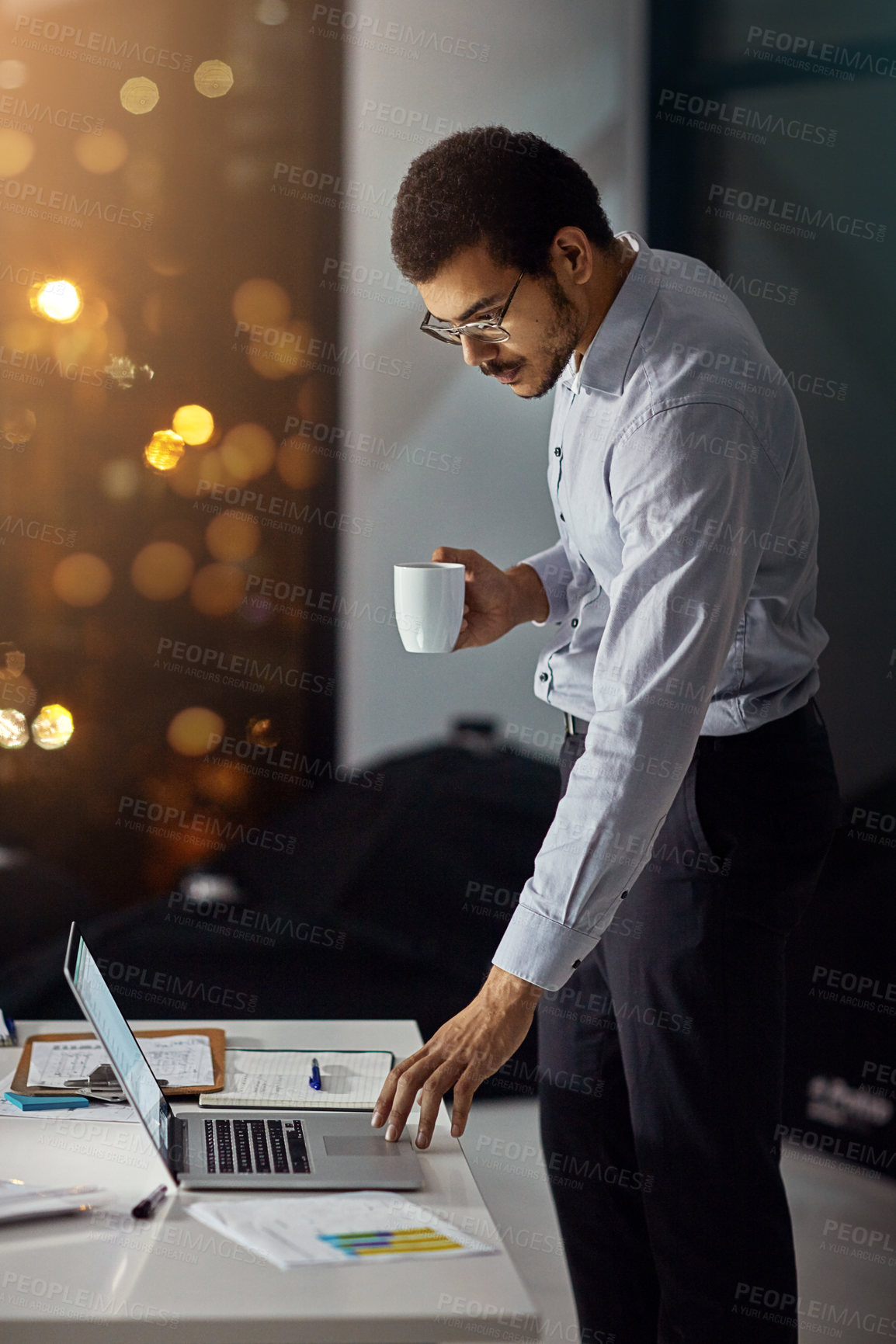Buy stock photo Laptop, night coffee and businessman reading feedback review of financial portfolio, stock market or investment. Online economy research, bokeh and crypto trader trading nft, forex or bitcoin mining