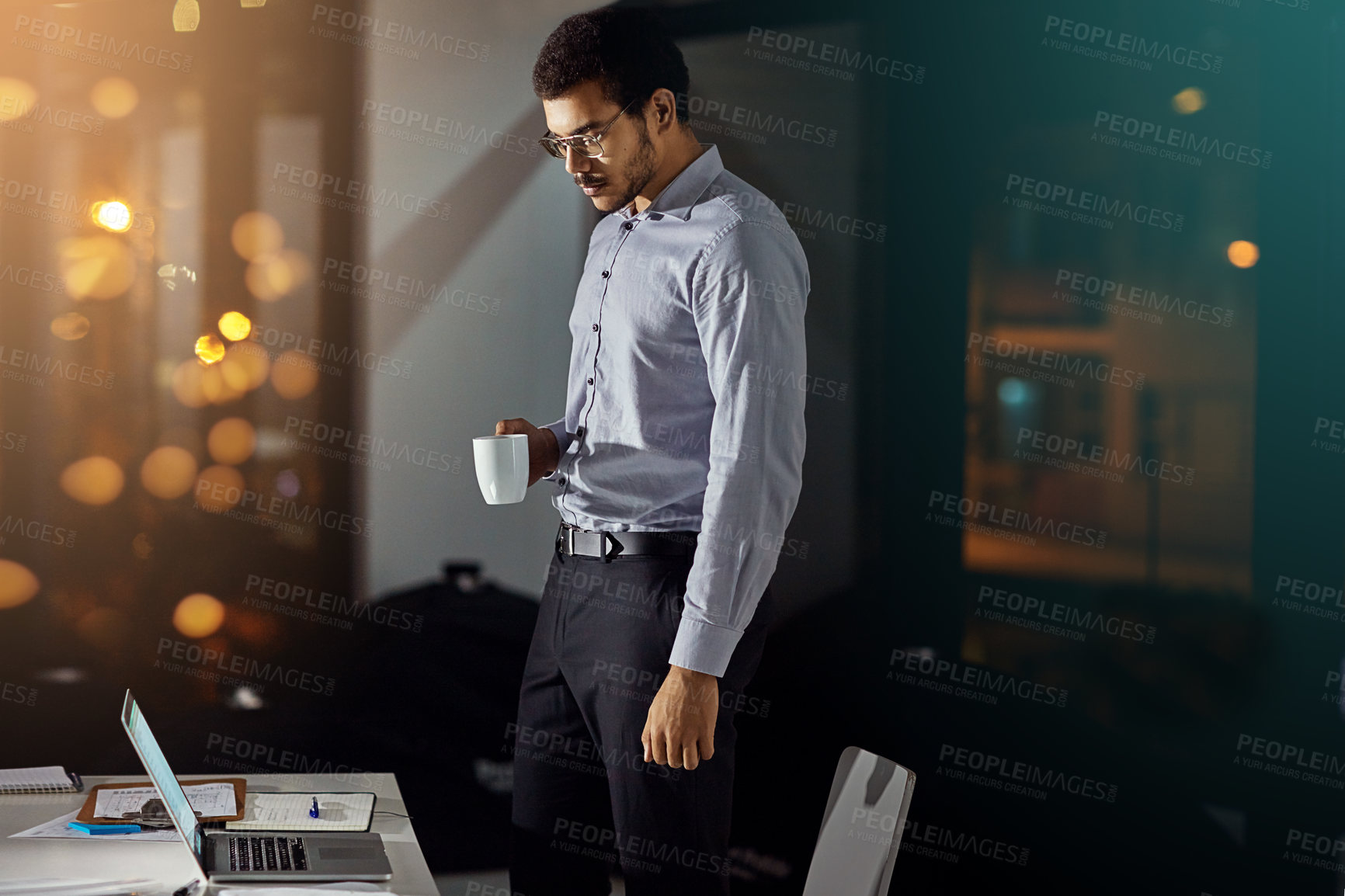 Buy stock photo Laptop, coffee and night businessman reading feedback review of financial portfolio, stock market or investment. Online economy research, bokeh and crypto trader trading nft, forex or bitcoin mining