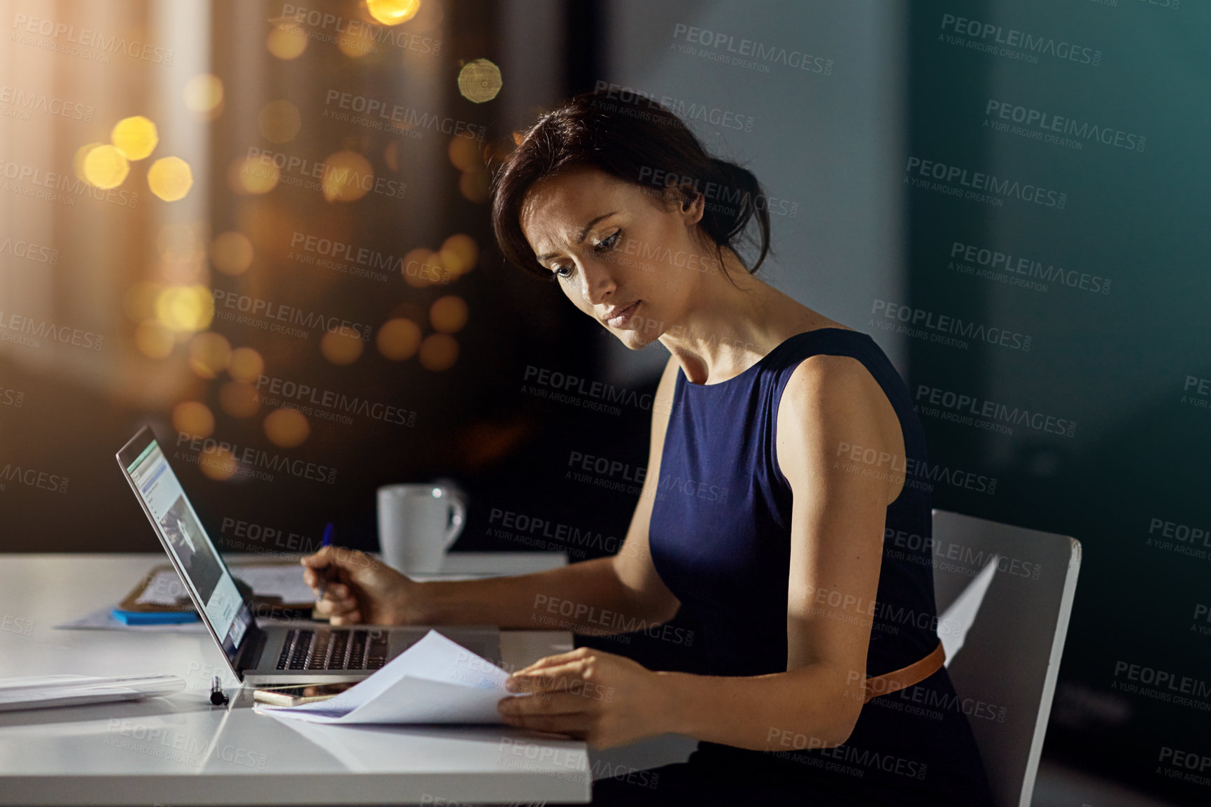 Buy stock photo Documents, night and business woman reading feedback review of financial portfolio, stock market or investment. Economy research, bitcoin mining infographic and trader trading nft, forex or crypto