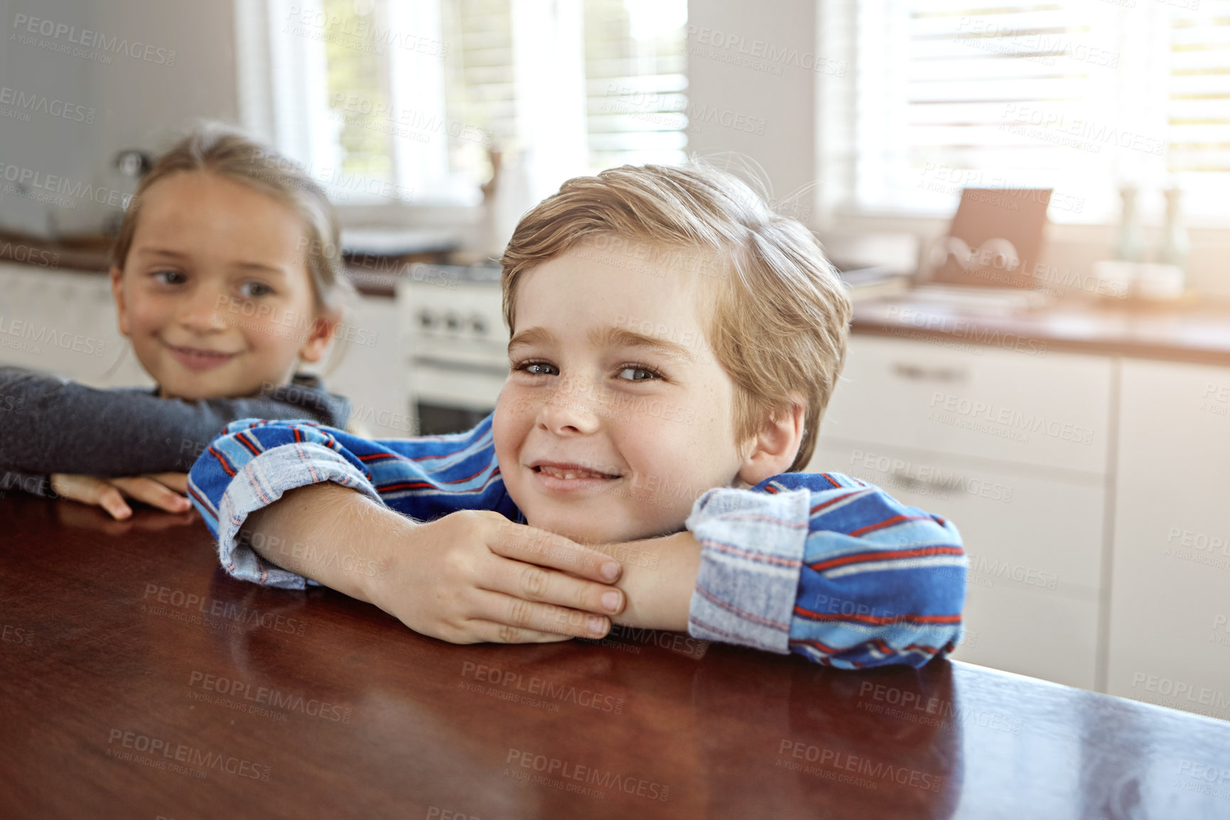 Buy stock photo Shot of a brother and sister at home