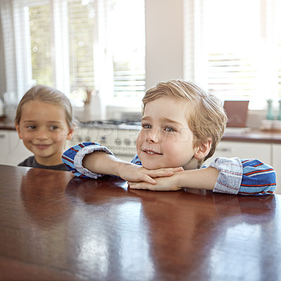 Buy stock photo Shot of a brother and sister at home