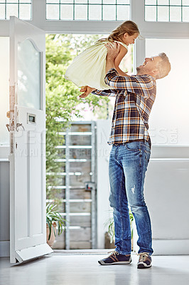 Buy stock photo Father, lift and girl child in home for game, love and bonding in summer for play, care or growth. Man, female kid and happiness with fun, smile and funny time in family home while excited for future