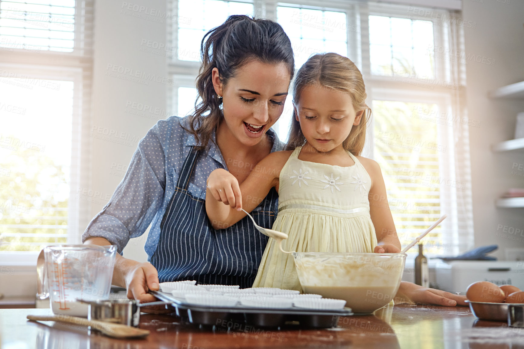 Buy stock photo Baking, home and mother with girl, learning and happiness with child development. Food, apartment and mama with daughter, ingredients and family with recipe, smile and bonding together with parent