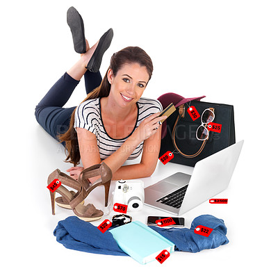 Buy stock photo Studio, woman and credit card with laptop for clothes in online shopping, discount and retail sale. Female person, fashion and fintech with smile on white background for ecommerce, deal and payment