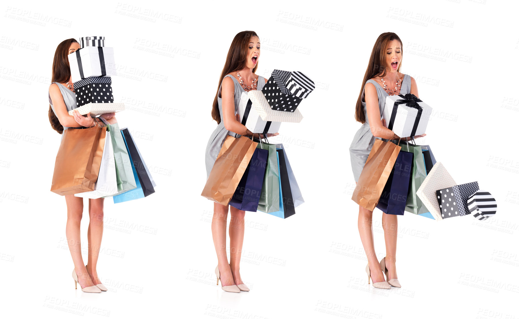 Buy stock photo Collage, woman and fashion with bags in studio for surprise with falling boxes, customer and retail sale. Isolated consumer, composite and shopaholic by white background with shock, packages and drop