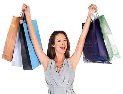 Buy stock photo Excited, shopping bags and portrait of woman with gifts in studio with pride for deal, sale or discount. Happy, paper packet and confident female person with presents isolated by white background.