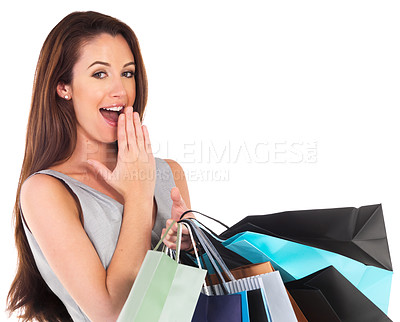 Buy stock photo Bags, shopping and wow with portrait of woman in studio isolated on white background for bargain or sale. Retail, store or surprise and happy young customer with product in package for discount