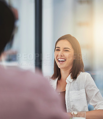 Buy stock photo Woman, laughing and employee in creative meeting, collaboration and happy worker for sales plan. Female person, funny conversation and team brainstorming in office, boardroom proposal and cooperation