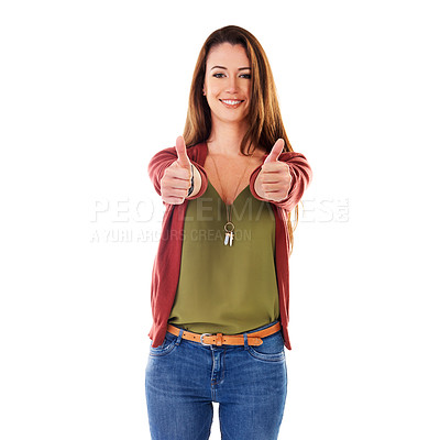 Buy stock photo Thumbs up, excellence and portrait of a woman with motivation isolated on a white background. Winner, success and girl with a hand sign for agreement, goal and achievement on a studio background