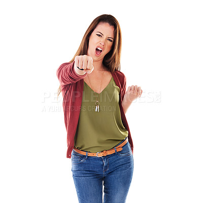 Buy stock photo Punch,  fight gesture and portrait of a woman with casual and cool fashion with white background. Isolated, fighting and person hands punching in a studio alone with female empowerment and karate