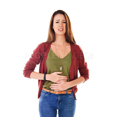 Buy stock photo Sick, sad and stomach ache portrait of woman unhappy and uncomfortable with pain in studio. Digestion problem and stomach pain of frustrated model touching tummy on isolated white background 