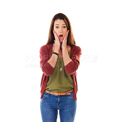 Buy stock photo Woman, shocked face portrait and hands for surprise, announcement or excited isolated in white background. Young female, scared facial expression and shock emoji with amazed hands gesture in studio