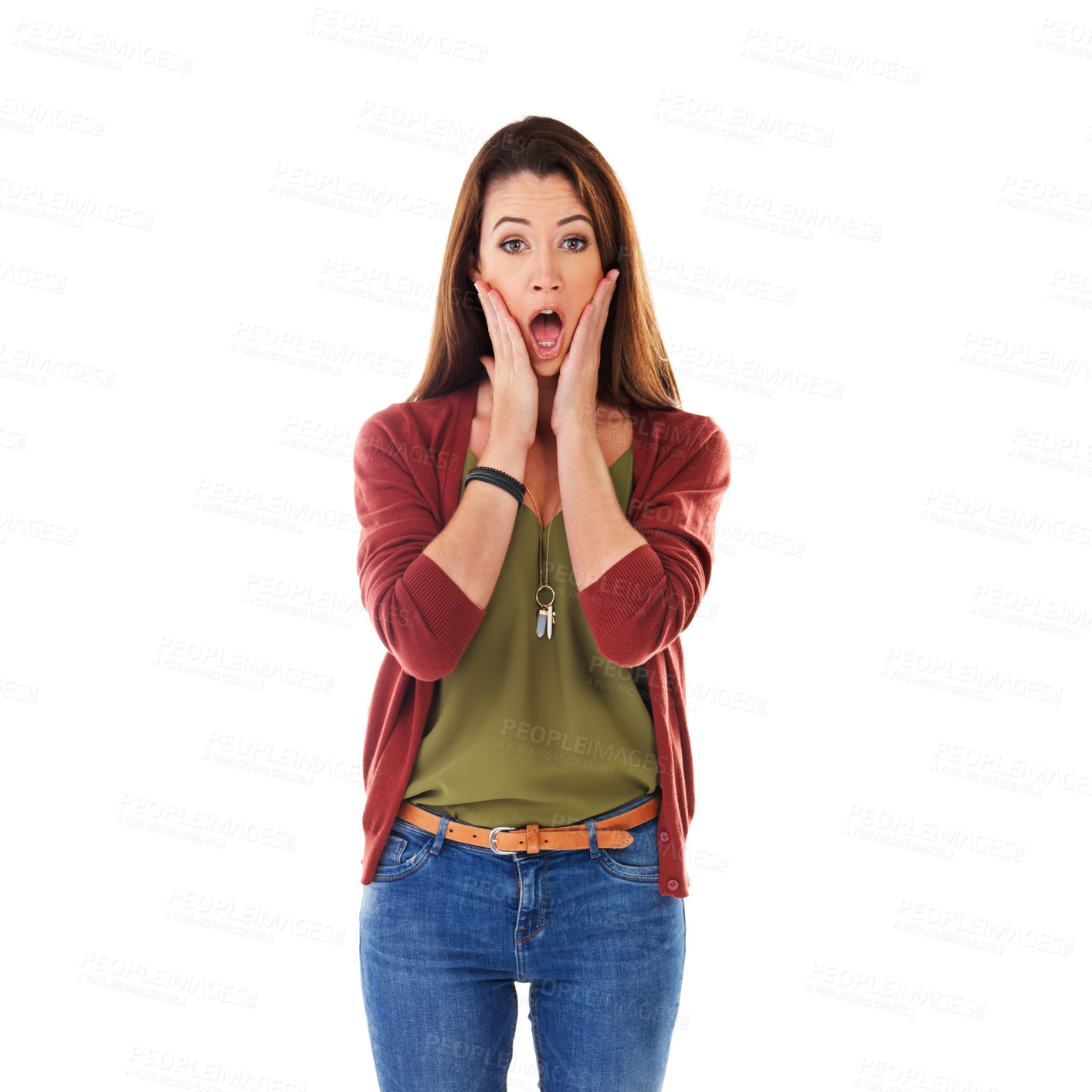 Buy stock photo Woman, shocked face portrait and hands for surprise, announcement or excited isolated in white background. Young female, scared facial expression and shock emoji with amazed hands gesture in studio
