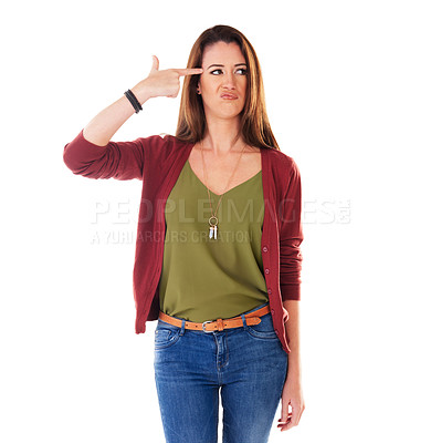 Buy stock photo Stress, woman and gun gesture with hand, suicide and mental health isolated on white background. Anxiety, burnout and depression, sad lady in crisis pretending to shoot herself with sadness in studio