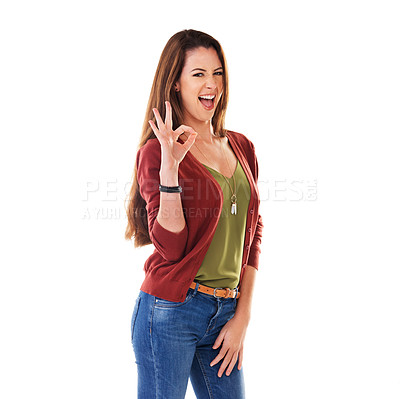 Buy stock photo OK hand, studio portrait and woman success, yes or agreement isolated on white background on marketing space. Great, good and goal of model sign, emoji or vote on advertising mock up for branding