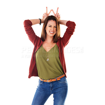 Buy stock photo Woman, smile and hands in peace sign posing in casual fashion against a white studio background. Portrait of isolated happy female model standing and smiling in happiness with hand gesture on head