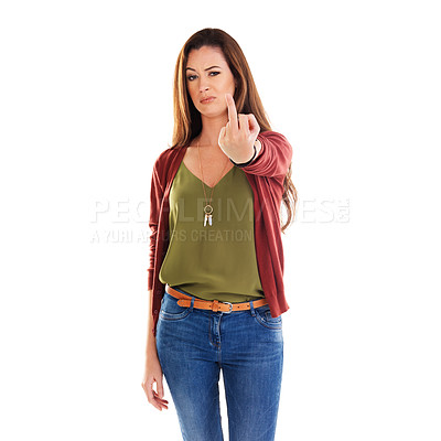 Buy stock photo Woman, angry and studio portrait with middle finger, stress and rude hand sign by white background. Isolated model, anger and frustrated expression with hand gesture, symbol or icon for upset emotion